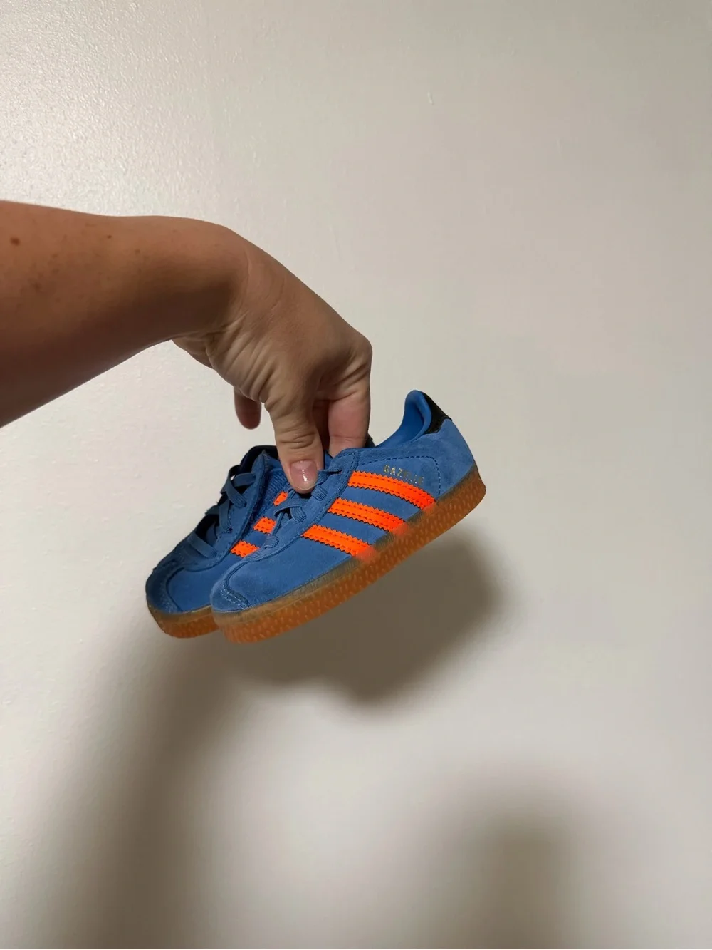 Adidas Kids Gazelle Blue Suede Sneakers with Orange Stripes